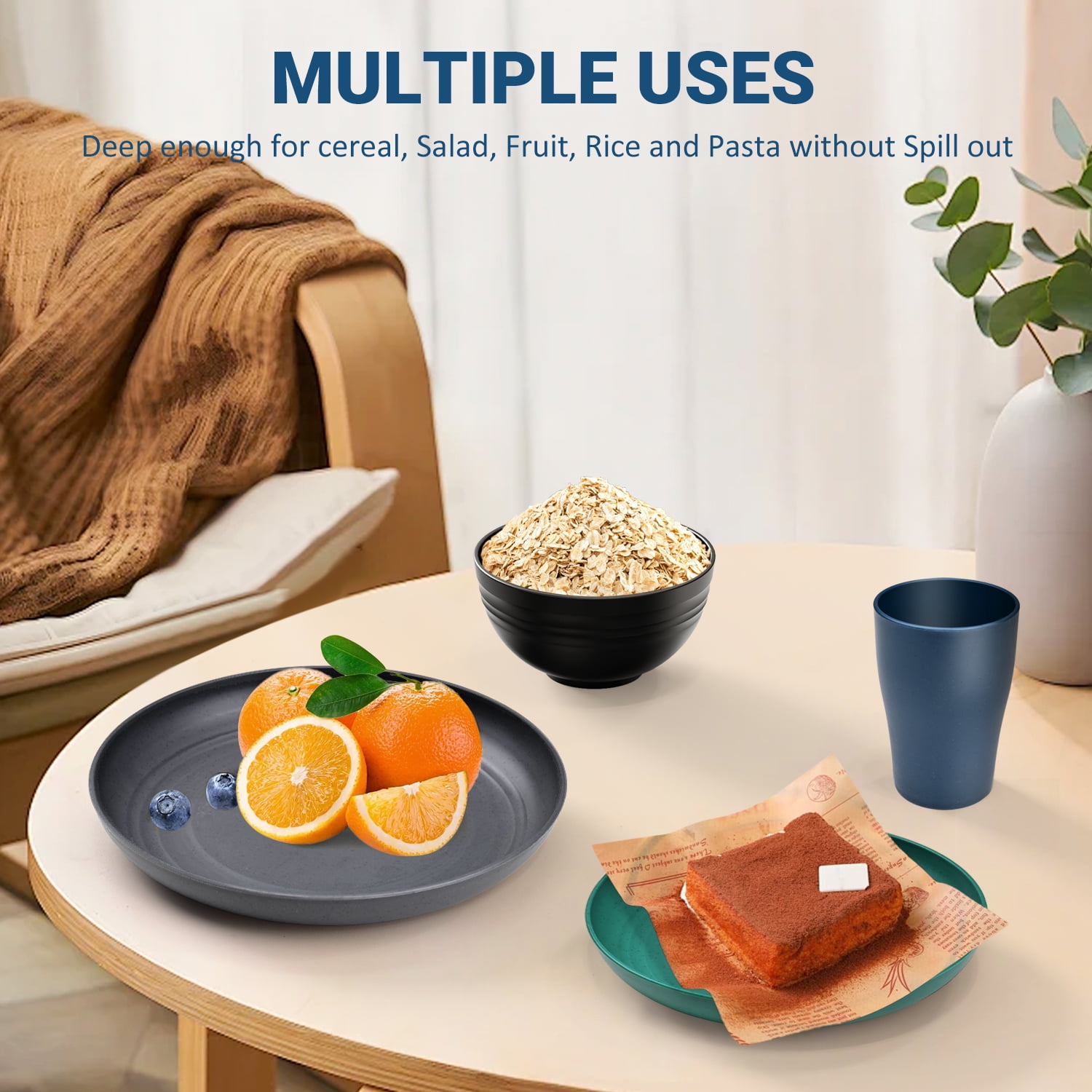 TINANA Wheat Straw Dinnerware Set, 32 PCS, Service for 8, Black