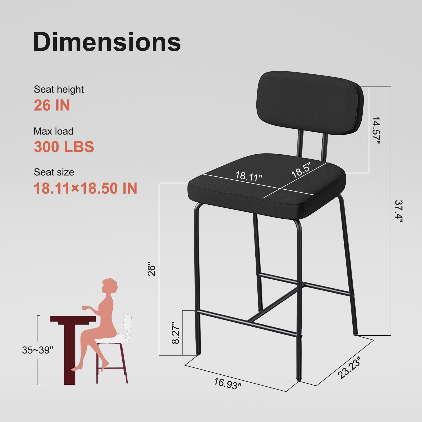 Genpo Counter Height Bar Stools Set of 3, 26" Black Fabric Kitchen Counter Stools with Backs, Metal Legs, Footrest and Wide Seat, Bar Chairs for Kitchen Island