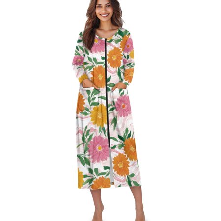 Xoenoiee Daisy Marble Print Zipper Robes for Women Long Sleeve Housecoats Long Lightweight Bathrobe House Dress with Pockets S