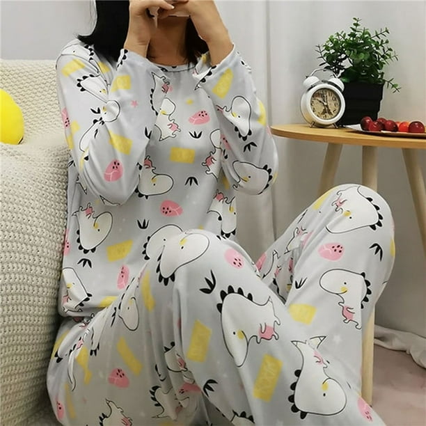 Autumn 2pieces Pyjamas Set Women Thin Sexy Sleepwear Lovely Home Suit 2023 Round Neck Girls Sleepwearlong Sleeve Pajamas