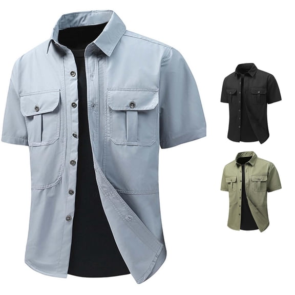 Zylarhe Mens Summer Shirts, Men Casual Button Up Shirt Short Sleeve Sun Shirts For Daily Wear Hiking Fishing Work Comfortable Stretch Spring Summer Sky Blue XL