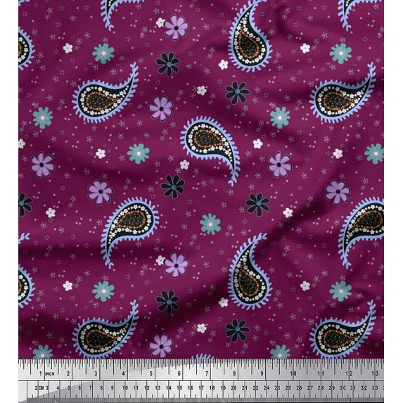 Soimoi Pink Rayon Fabric Star,Paisley & Cosmos Floral Decor Fabric Printed Yard 42 Inch Wide