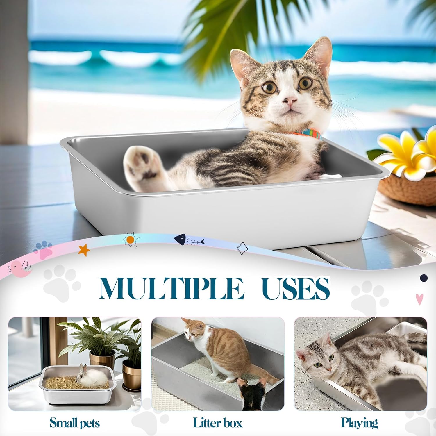 Stainless Steel Cat Litter Box with High Sides, Extra Large Open Metal Litter Pan, Easy to Clean, Rust Proof, Non Stick, Non Slip Rubber Feets (17.8"L x 13.8"W x 4"H)