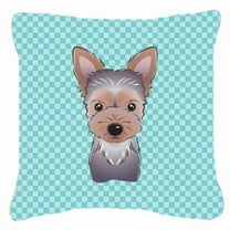 Caroline's Treasures BB1170PW1818 Checkerboard Blue Yorkie Puppy Canvas Fabric Decorative Pillow , 18H x18W, multicolor