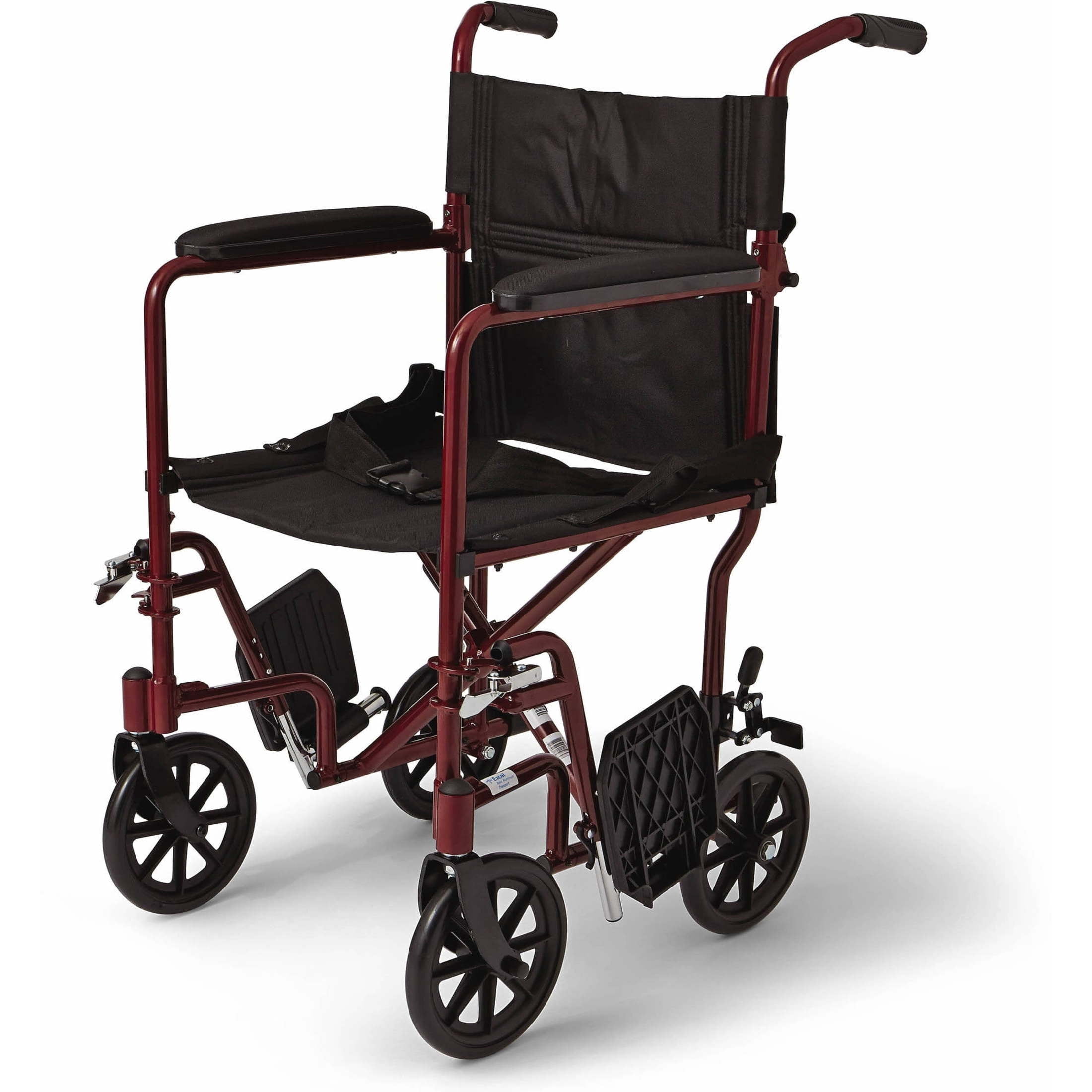 Medline Aluminum Transport Wheelchair with 8 in Wheels, Swing Away Footrests and Permanent Full-Length Arms, Red