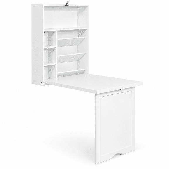 Furnibear Wall Mounted Fold Out Floating Desk with Storage Shelves, Convertible Space Saver Writing Desk for Small Bedroom, White