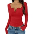 thumbnail image 2 of Long Sleeve Shirts for Women Lace Trim Buttons Henley Shirts Slim Fit Ribbed Knit Going Out Top Blouses Early Spring Fashion, 2 of 5
