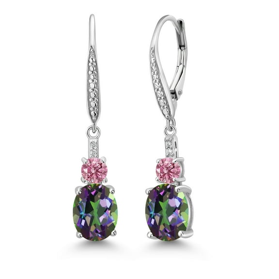 Gem Stone King 925 Sterling Silver Green Mystic Topaz and Pink and White Lab Grown Diamond Dangle Earrings for Women (5.13 Cttw, Oval 9X7MM)
