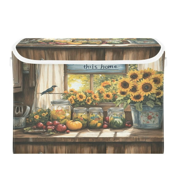 WOBOGO Beautiful Country Kitchen Large Collapsible Storage Box Flip Lid Fabric Decorative Organizer Container Basket with Handles 16.5×12.6×11.8in