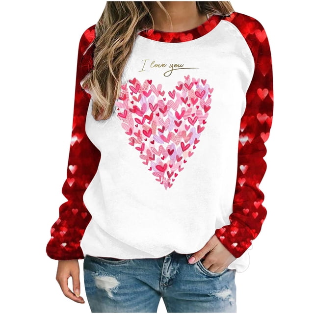 VALMASS Chandails en Molleton à Col Rond pour Femmes de la Saint-Valentin Manches Raglan Hauts Décontractés Mode Imprimé Cœur Blouses (TG, D Rouge)