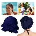 thumbnail image 5 of Yucurem Women Elastic Ruffle Swim Cap Hat, Portable Non-Squeezing Shower Cap, Ear Protection Swimming Cap for Long Short Hair (Navy Blue), 5 of 10