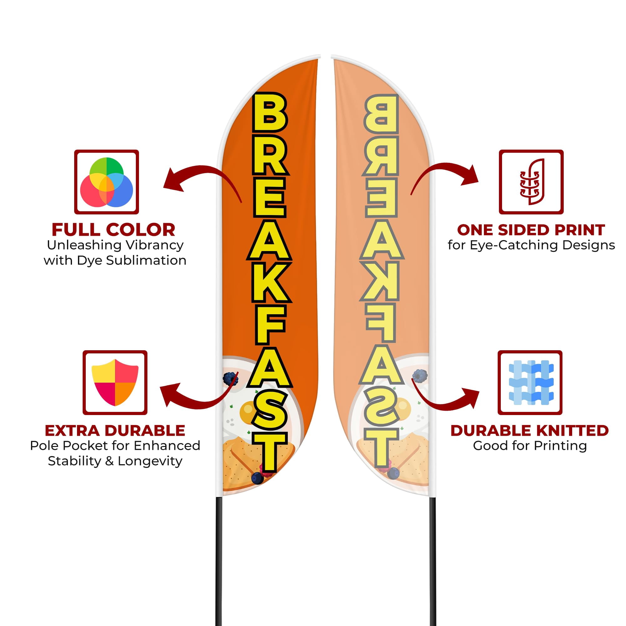 Breakfast Sign feather flag Pole Mount for Outdoor by Mavis Print | 15 FEET Long Polyester Outdoor Banner Flag with Pole Kit for Easy Hang | HD Print Swooper Flag Pole Mount for Food Advertising a