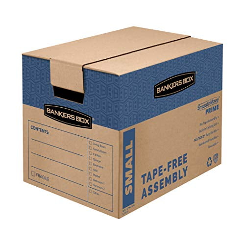 bankers box smoothmove prime moving boxes, tape-free, fastfold easy assembly, handles, reusable, small, 16 x 12 x 12 inches, 10 pack (0062701)