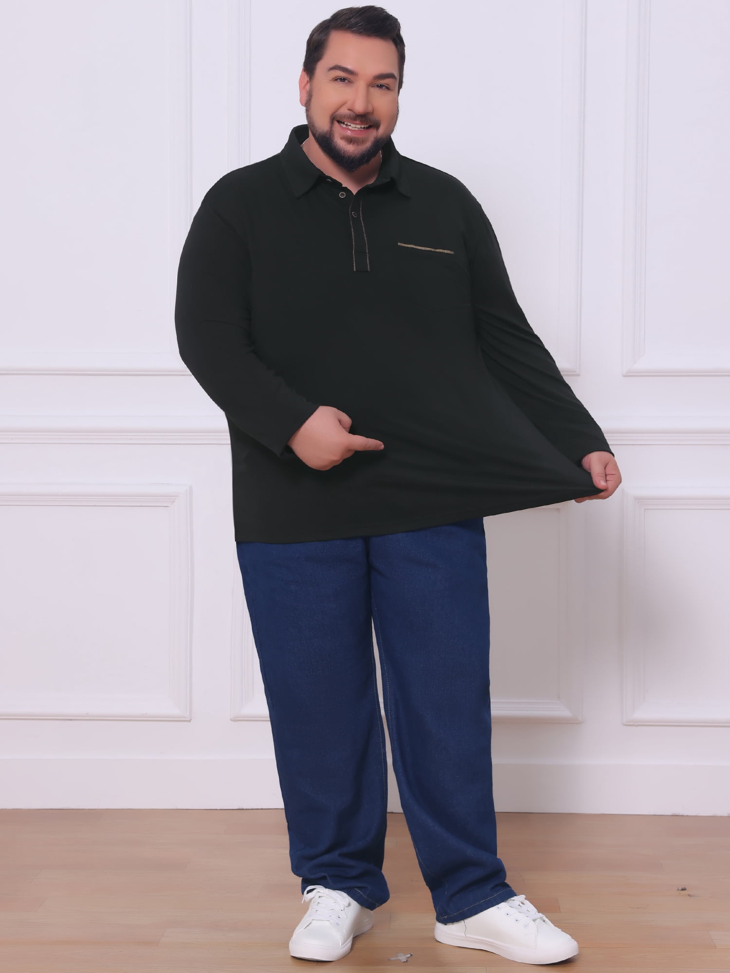 DARING DIVA Men's Big Tall Chest Pocket Long Sleeve Business Polo Shirt 3XL Black
