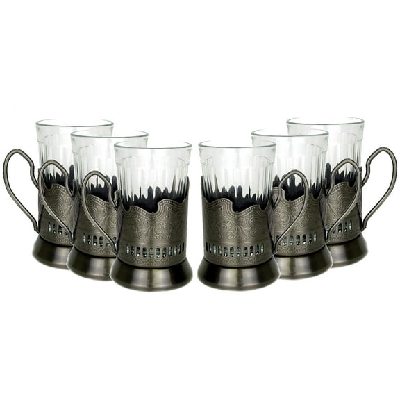 Combination of 6 European "Graneniy" Square Faceted Drinking Tea Glasses W/metal Glass Holders "Podstakannik" for Hot or Cold Liquids