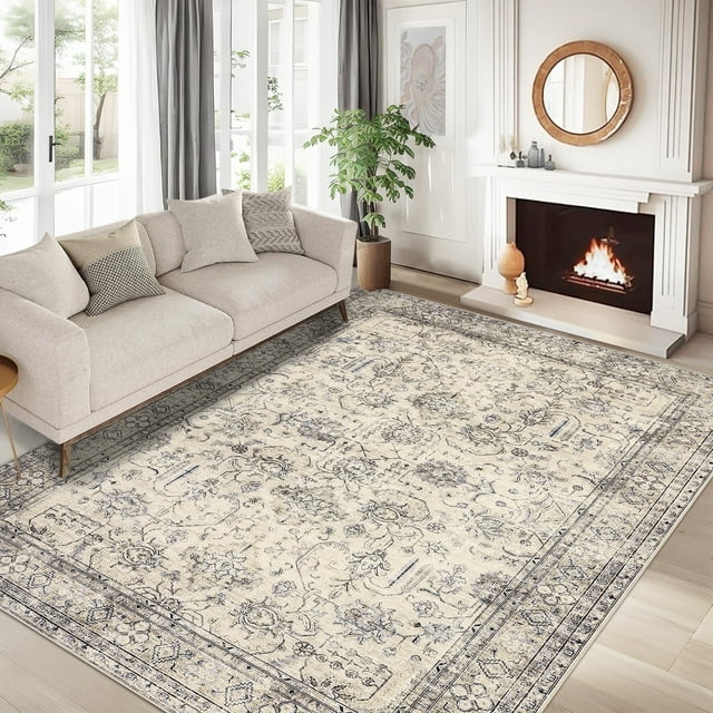 Bingirl 8'x10' Vintage Persian Area Rugs for Living Room, Non Slip Machine Washable Rugs Low Pile Distressed Indoor Rug Floral Print Carpet for Dining Room Bedroom Office, Beige