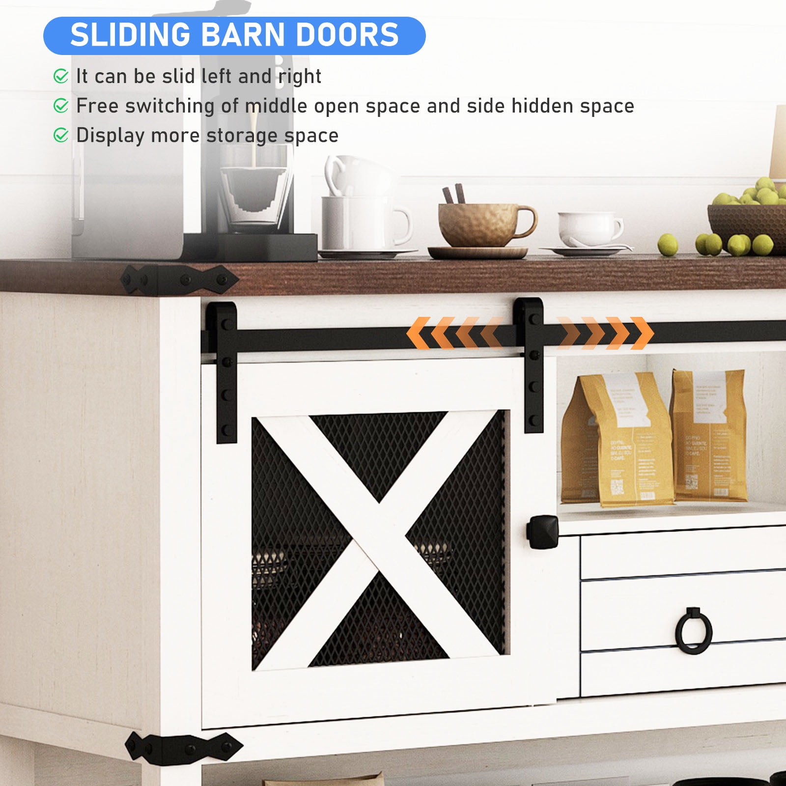 ANPOO Rustic Sofa Table, Large Console Table Entryway Table with 2 Barn Door Cabinets & 1 Drawer for Living Room