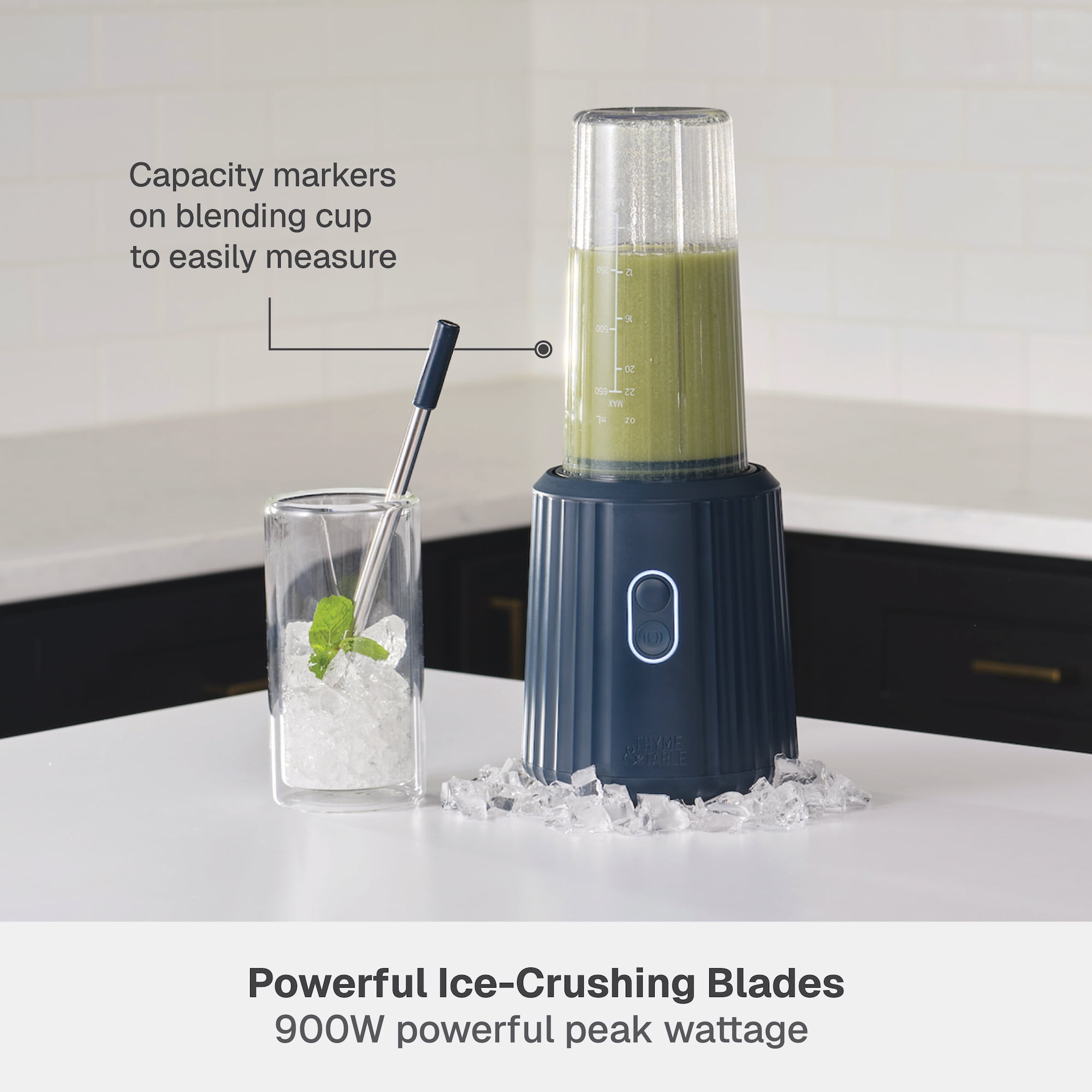 Thyme & Table 900 W 25 oz Single Serve Blender with Tritan Vessel, Smart Seal Lid and Straw, 6-Point Stainless Steel Blade, Atlantic Blue