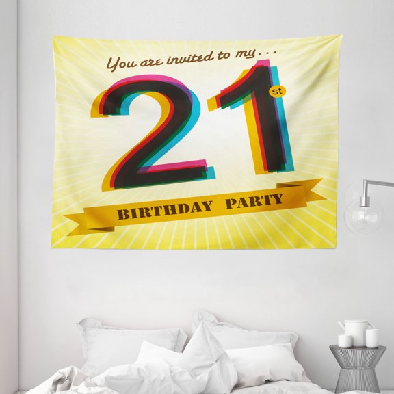 21st Birthday Decorations Tapestry, Invitation to an Amazing Birthday Party on Golden Backdrop Image, Wall Hanging for Bedroom Living Room Dorm Decor, 80W X 60L Inches, Multicolor, by Ambesonne
