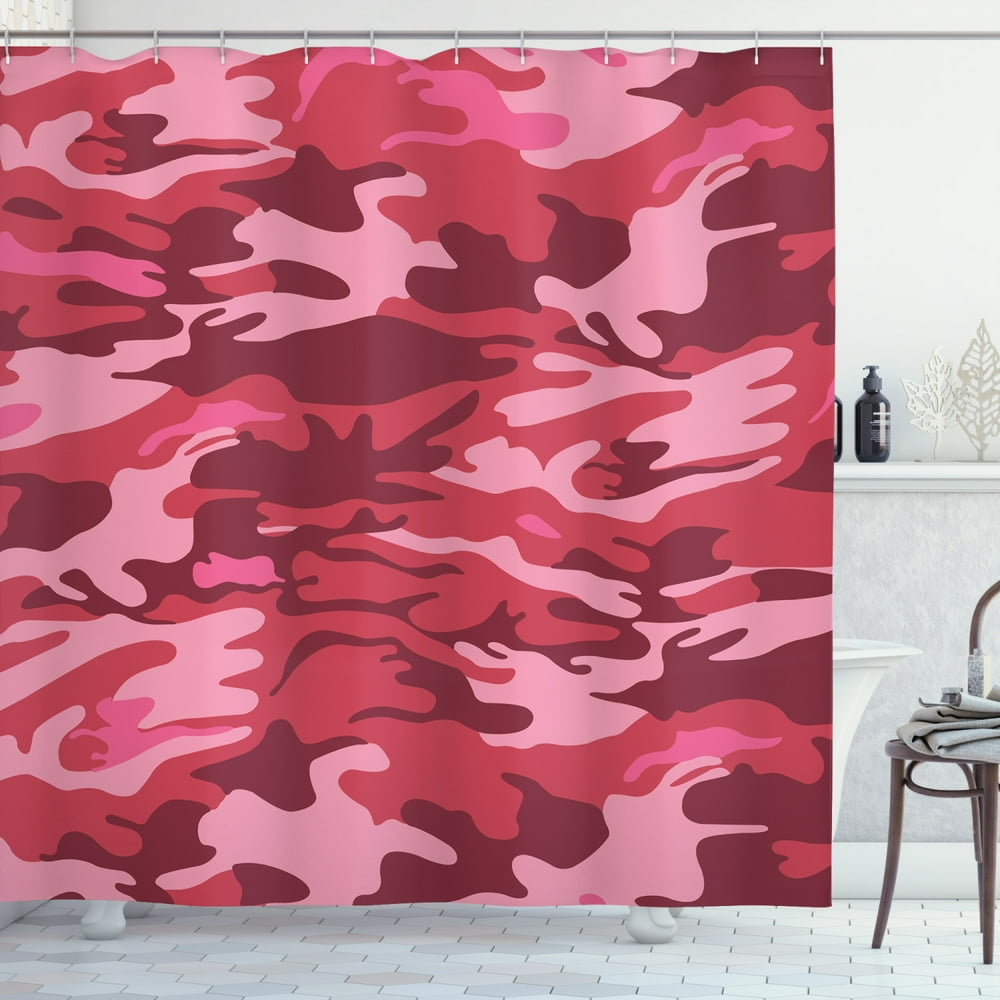 Camo Shower Curtain, Camouflage Texture Design in Shades of Pink Conceptual Autumn Theme, Fabric