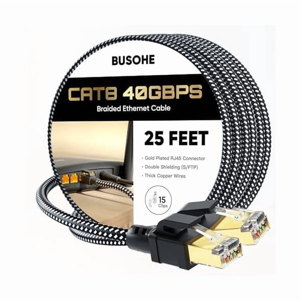 wonima11 Cat 8 Ethernet Cable 25 FT, High Speed 40Gbps 2000Mhz Braided Network Internet Cable with Gold Plated RJ45 Connector, Heavy Duty LAN Cable S/FTP UV Resistant for Router/Gaming/PC, 15 Clips