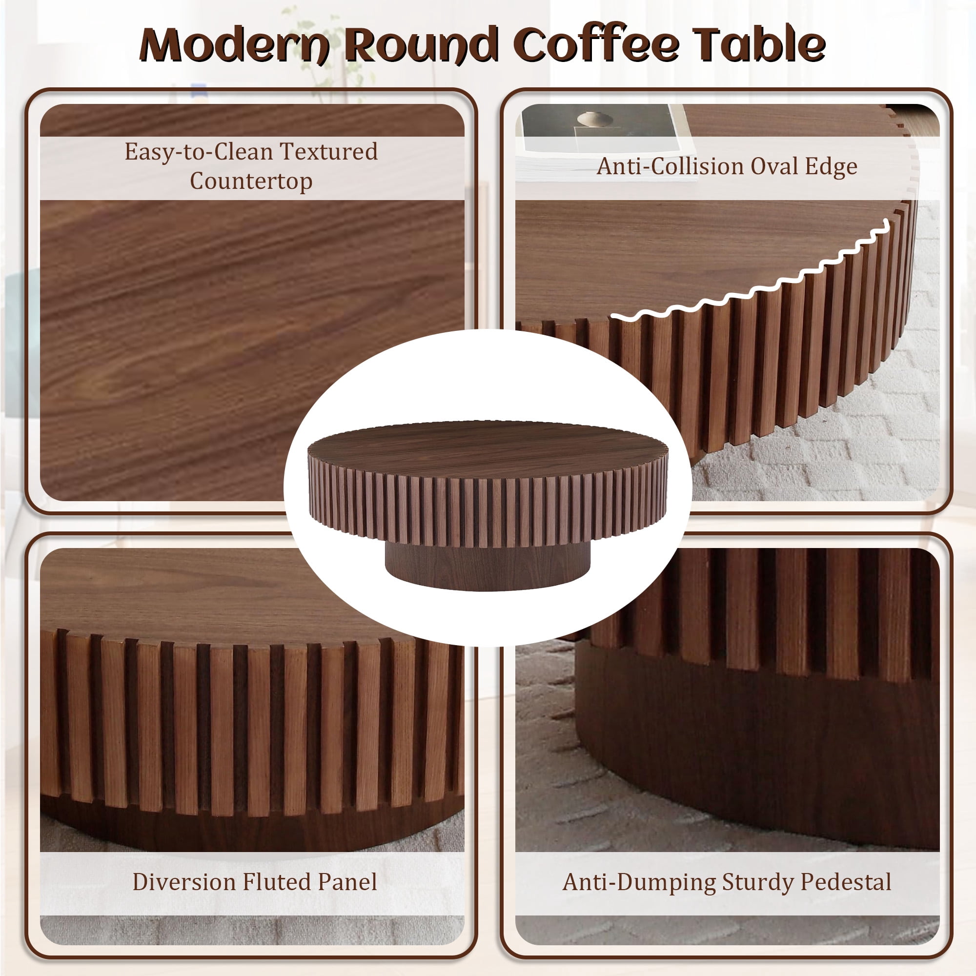 FFH 31.5" Round Coffee Table for Living Room,Rustic Modern Coffee Table with Sturdy Pedestal,Nature Wood Handcraft Corner Coffee Table,Circle Side Table Centre Table for Apartment,Walnut