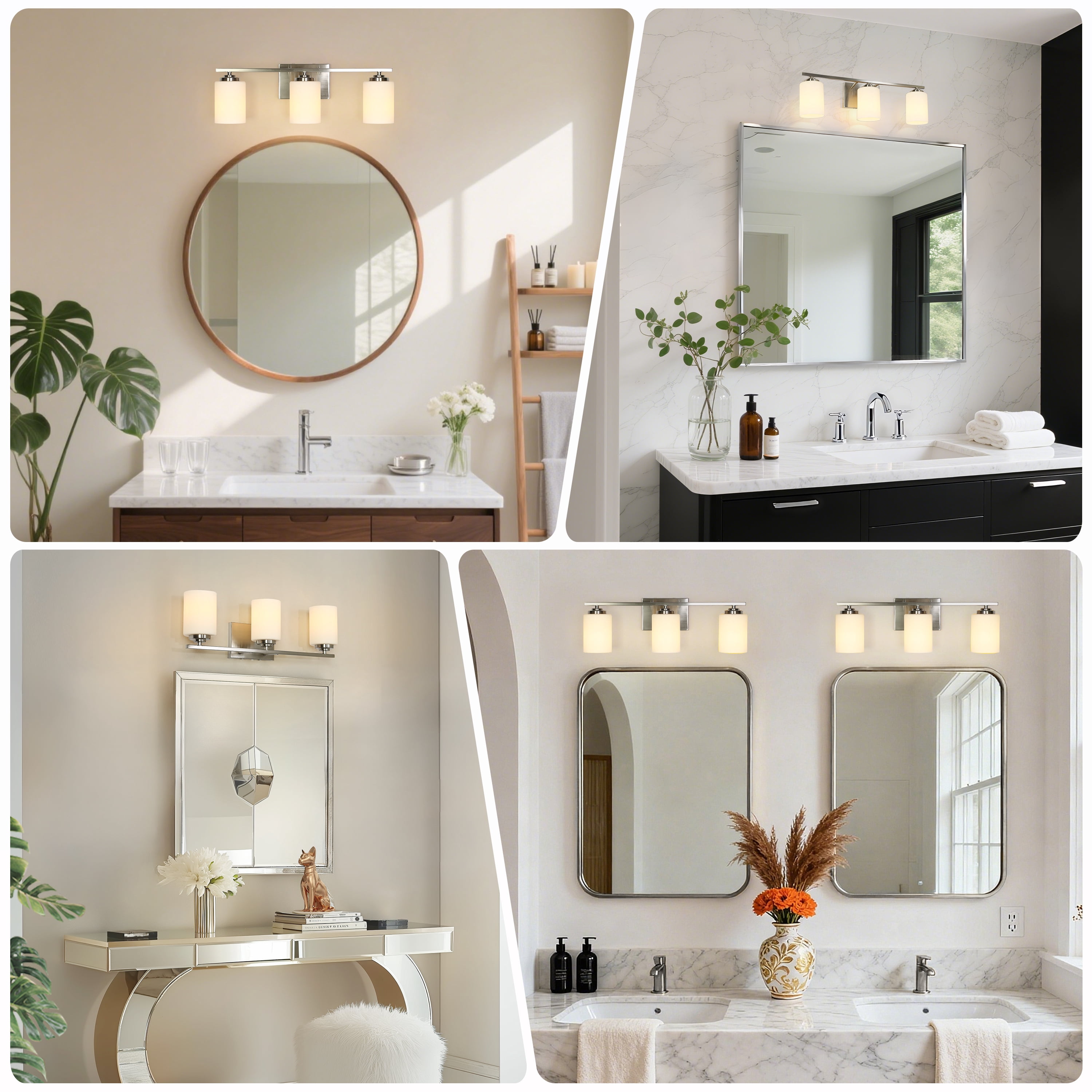 LNC 3-Light Bathroom Vanity Fixture with White Frosted Glass Shades, Brushed Nickel Finish