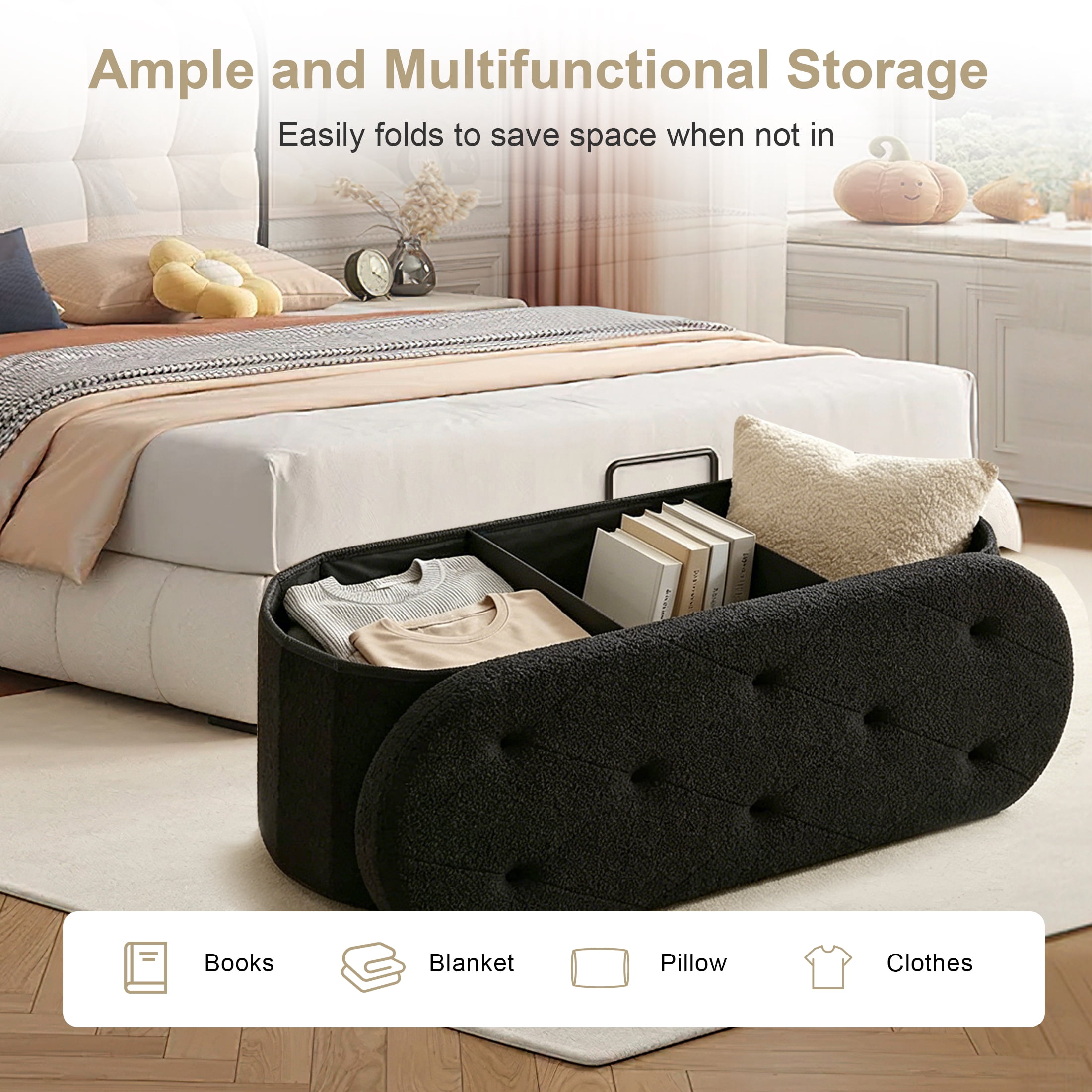 CONCETTA 43in Ottoman with Storage, Folding Foot Rest for Living Room & Bedroom, Versatile Home Bench, Black