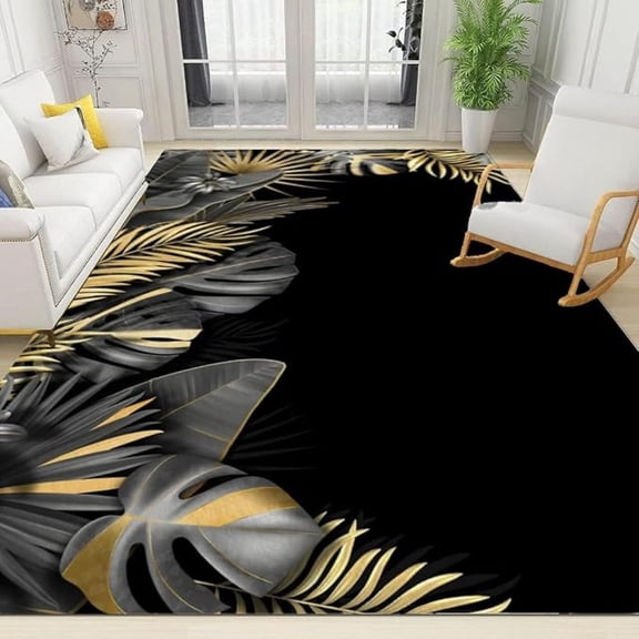 Black Gold Tropical Plants Area Rug, European Luxury Banana Leaf Living Room Rugs, With Anti-Slip Backing Washable Indoor Carpet For Dining Room Nursery Home Office 2x3ft