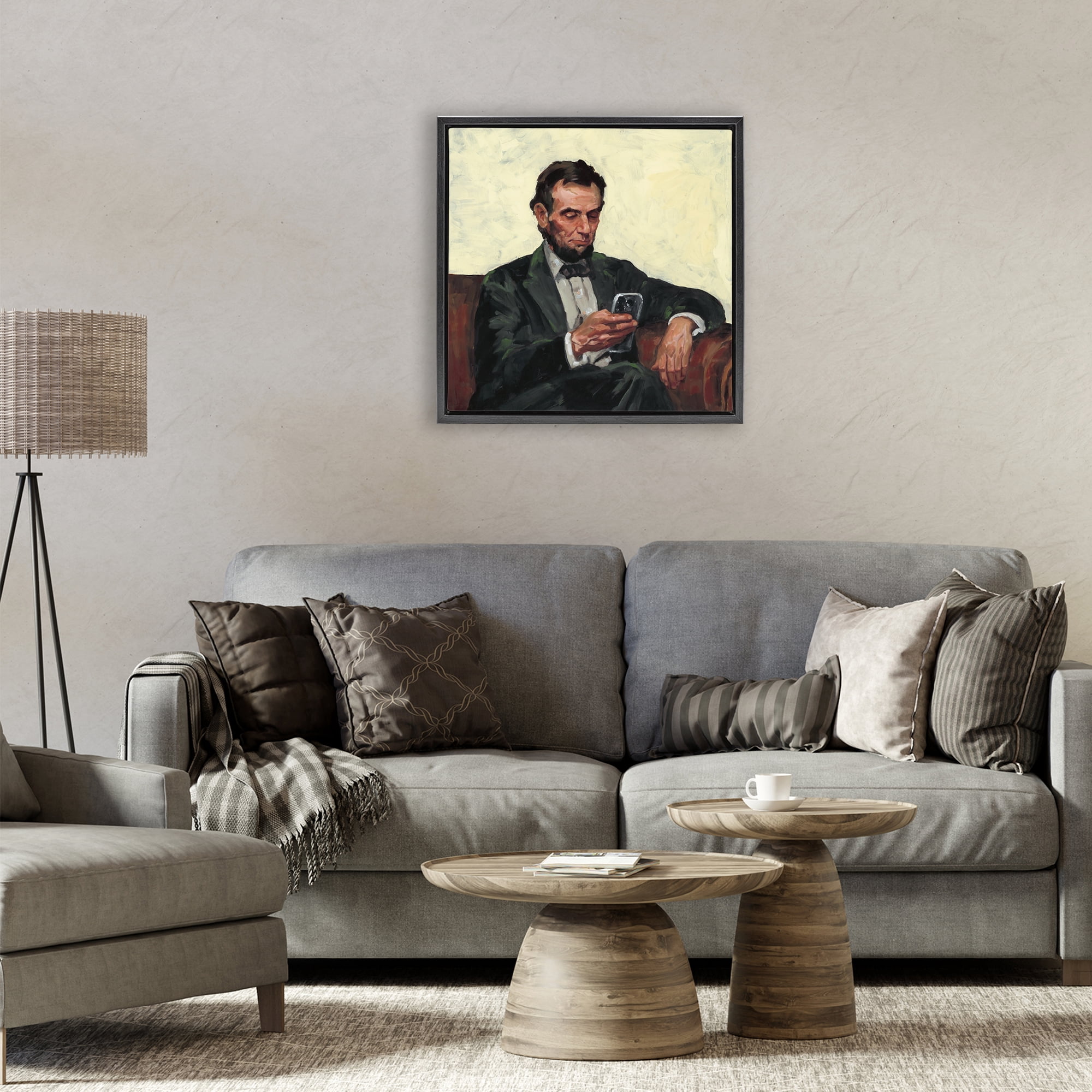 Stupell Industries Abe with Cellphone Black Framed Floater Canvas Wall Art, design by Studio Bautista