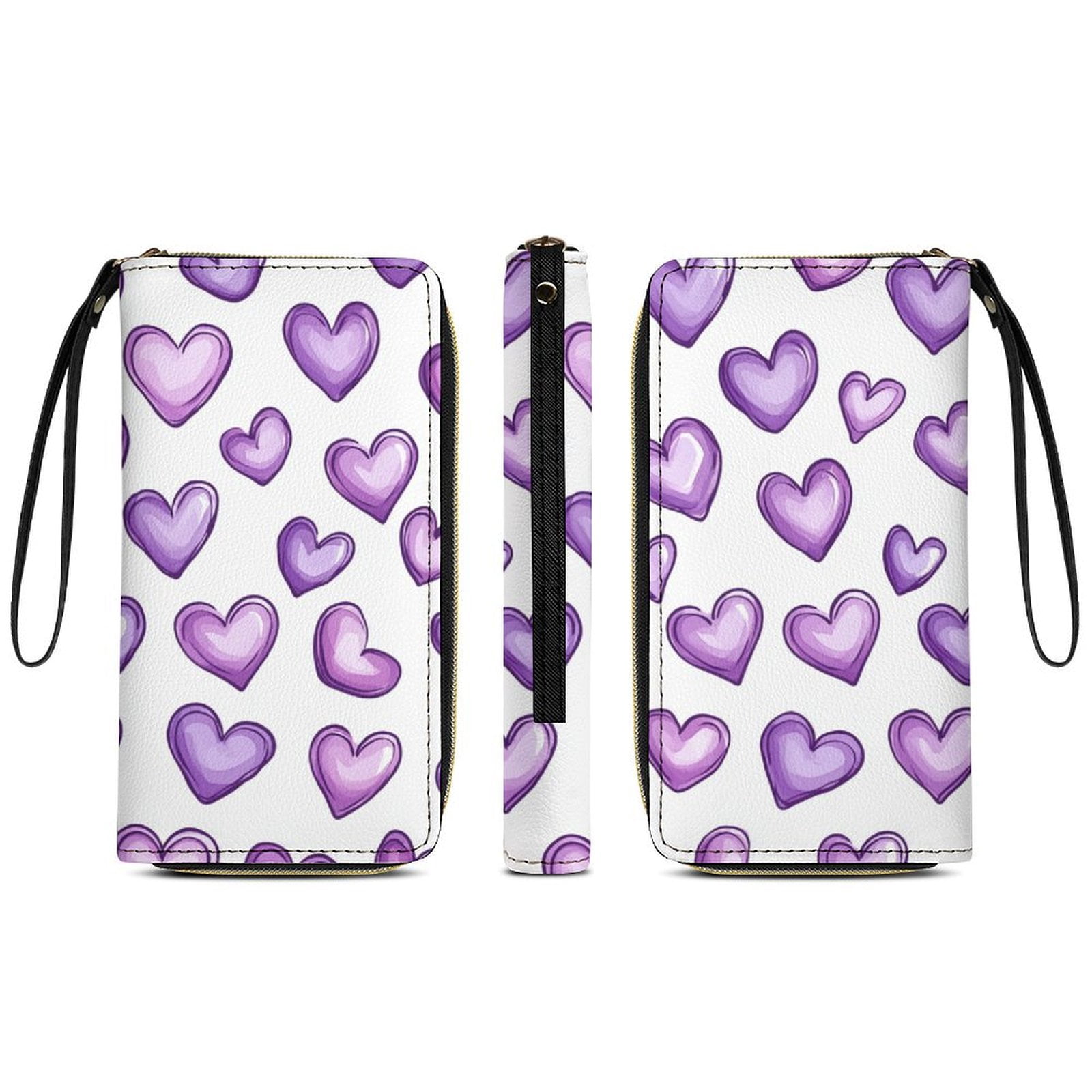 Womens Wallet Bifold Ladies Cluth Bag Wristlet Wrist Strap Long Purse Purple Hearts Design
