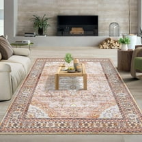CAROMIO Orange Vintage Washable Area Rug for Living Room Oriental Floral Distressed Carpet for Bedroom Low Pile Rug, 9' x 12'