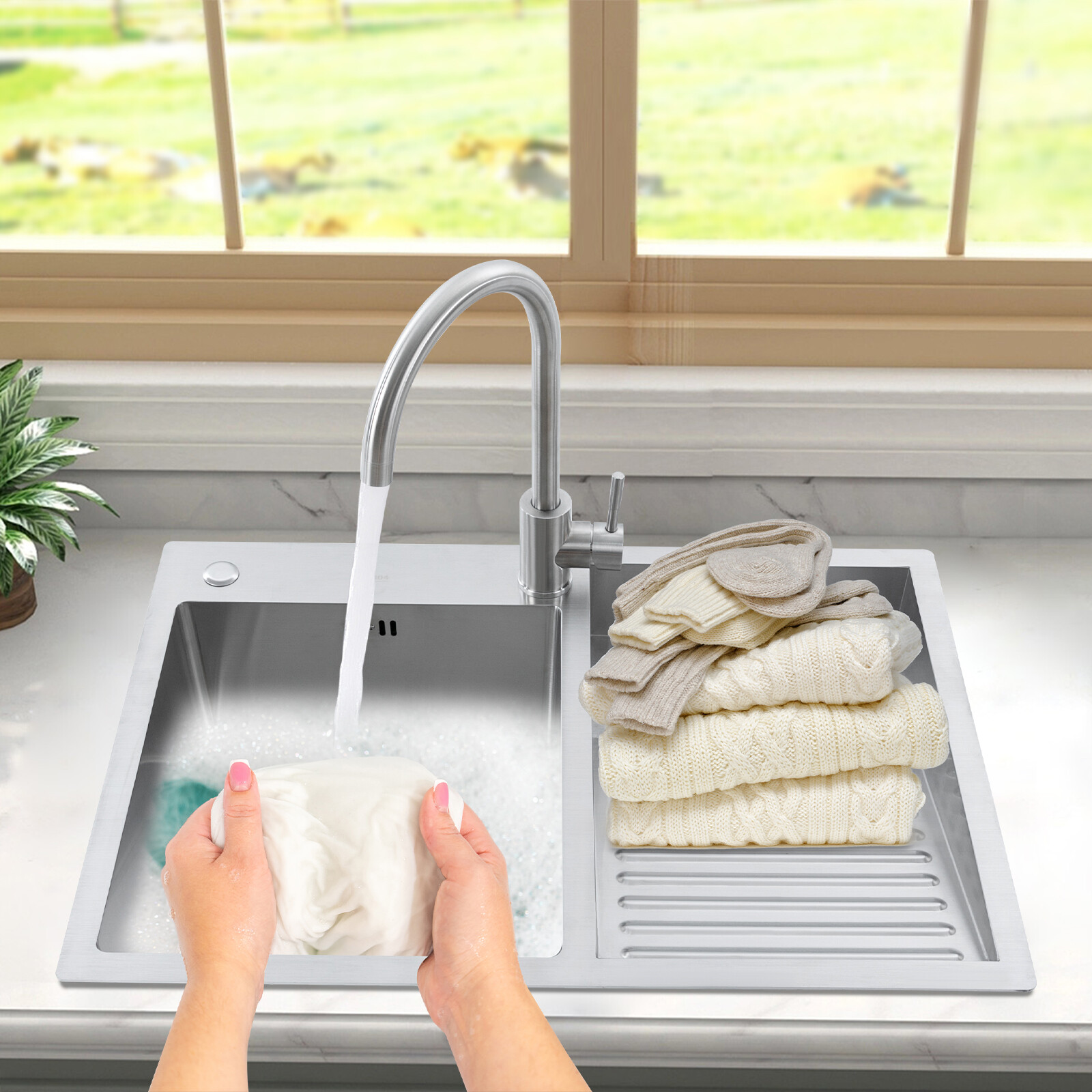 ‎Rectangular Silver Drop-In Stainless Steel Double Bowl Kitchen, Bar and Laundry Utility Sink