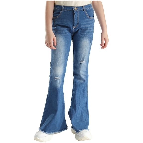LiiYii Kids Girls High Waist Distressed Bell Bottom Stretchy Denim Pants Ripped Flared Jeans Trousers Blue 14