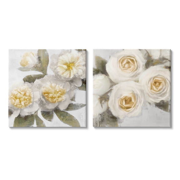 White Rose Flowers Traditional Botanical & Floral Graphic Art Gallery Wrapped Canvas Print Wall Art, Set of 2