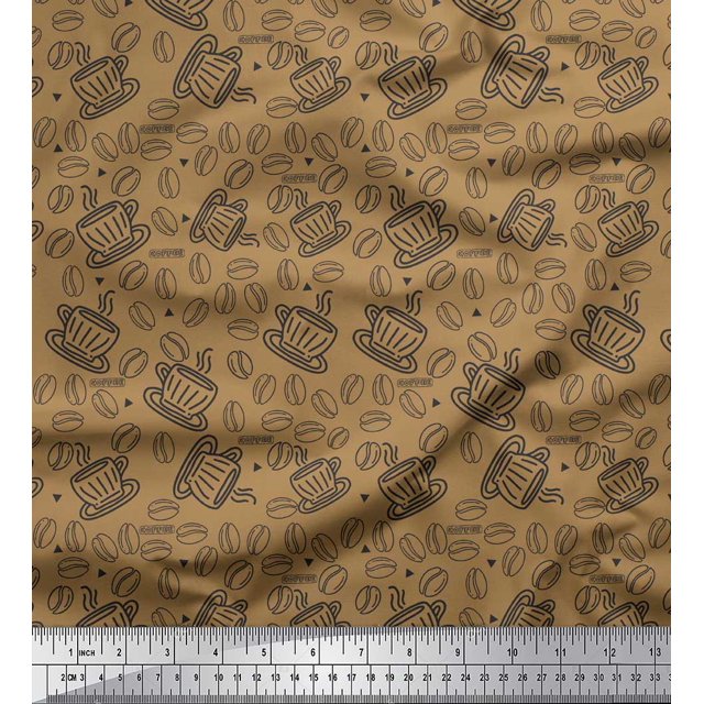 Soimoi Brown Poly Georgette Fabric Coffee Food Print Sewing Fabric Yard 52 Inch Wide