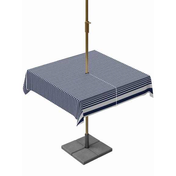 Outdoor Table Cloth with Umbrella Hole and Zipper, Farmhouse Navy Blue White Striped Waterproof Square Tablecloth 60"x60", Modern Stripes Washable Table Cover for Outside Party Patio Picnic