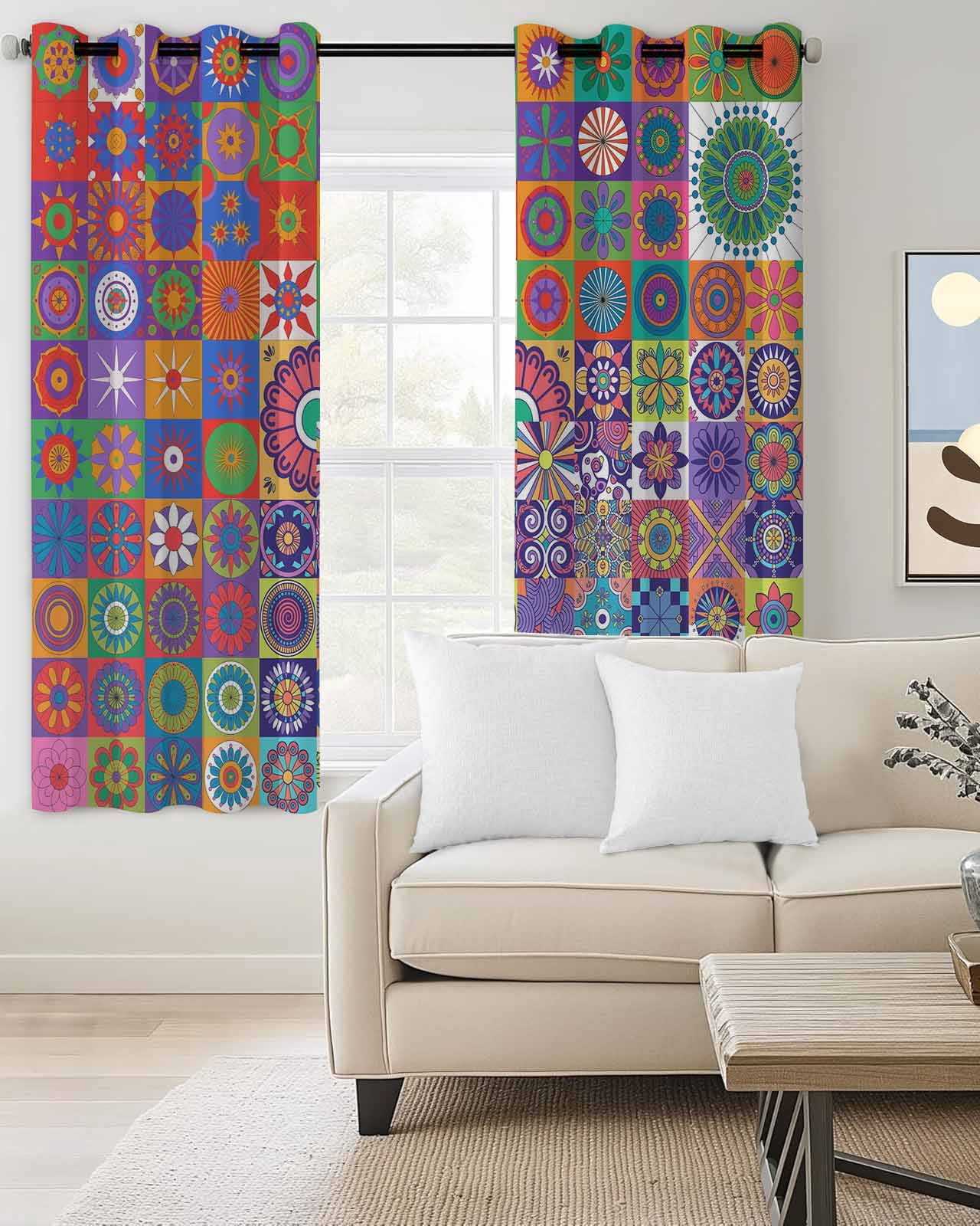 Colorful Abstract Floral Blackout Curtains for Bedroom Living Room, Countryside Flower Plaid Ethnic 39 In Long Thermal Insulated Room Darkening Drapes Grommet Window Treatments, 27.5 x 39 In