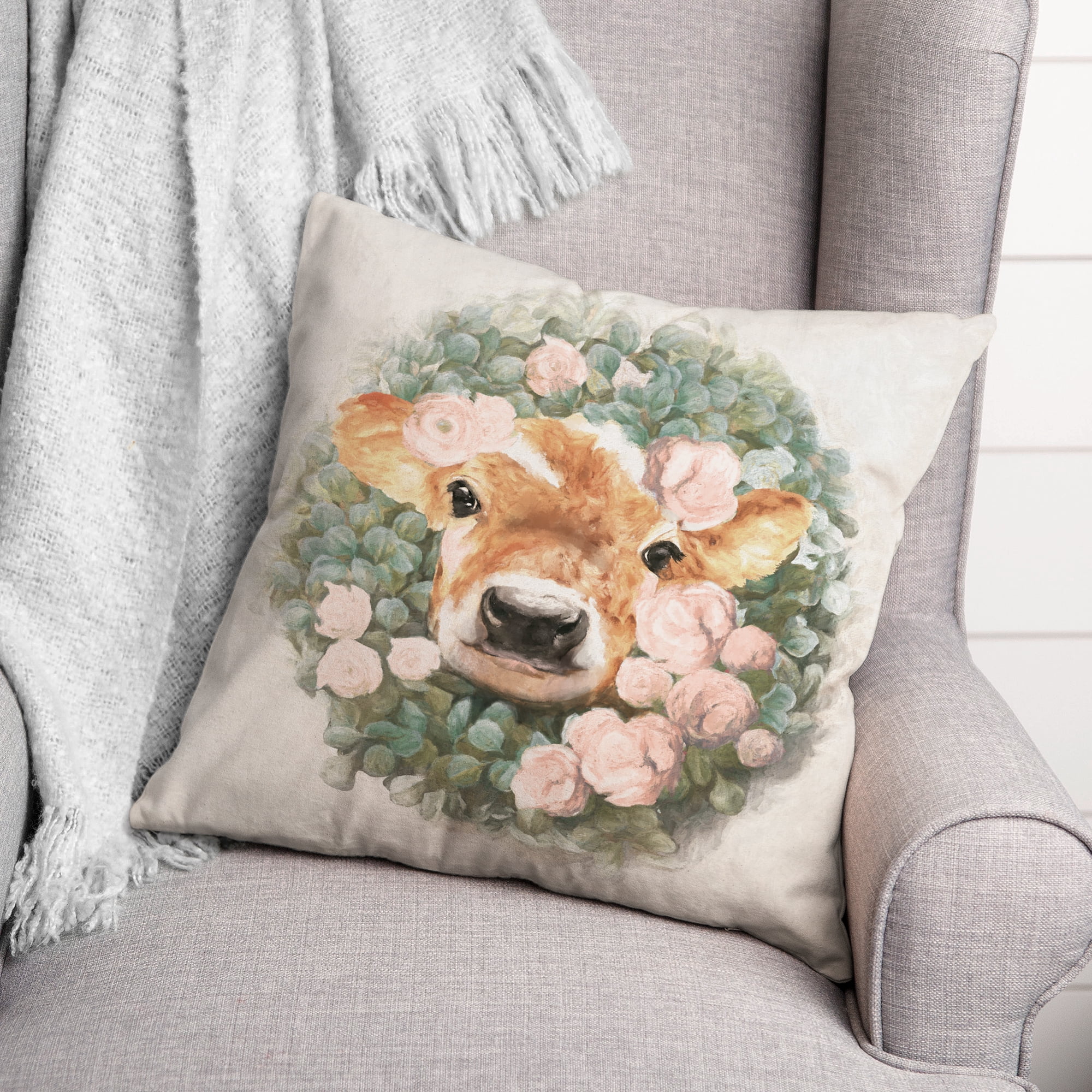 Creative Products Baby Cow in Wreath 18x18 Spun Poly Pillow