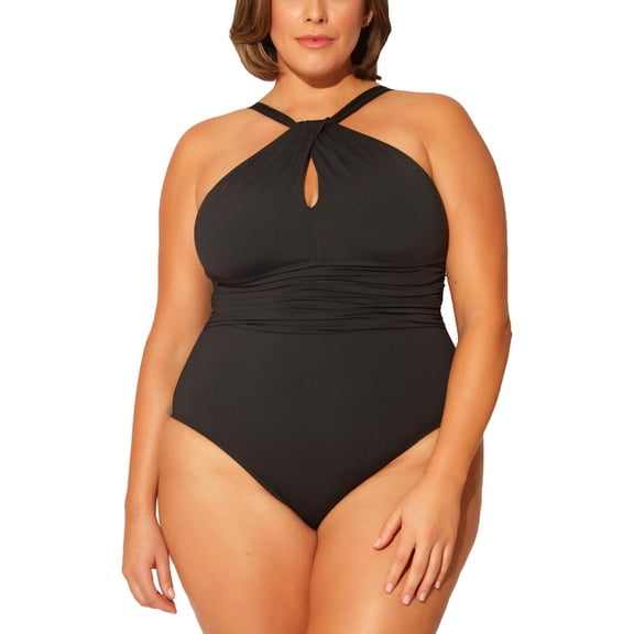 Bleu Rod Beattie Womens Plus Gathered Twist One-Piece Swimsuit Black 18W