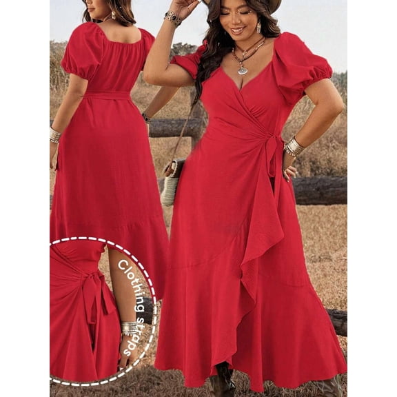 Rose Red Plus Size Women Tie-Wrap Ruffle Hem Maxi Dress With Puffed Sleeves Boho Western Style