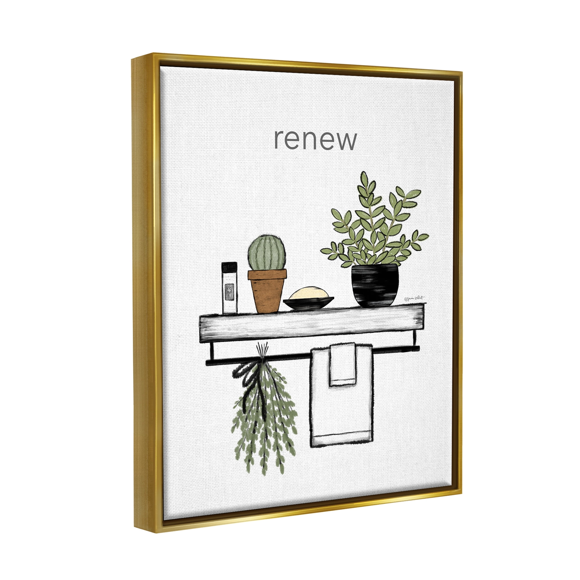 Stupell Renew Bathroom Botanical Spa Plants Typography Painting Gold Floater Framed Art Print Wall Art