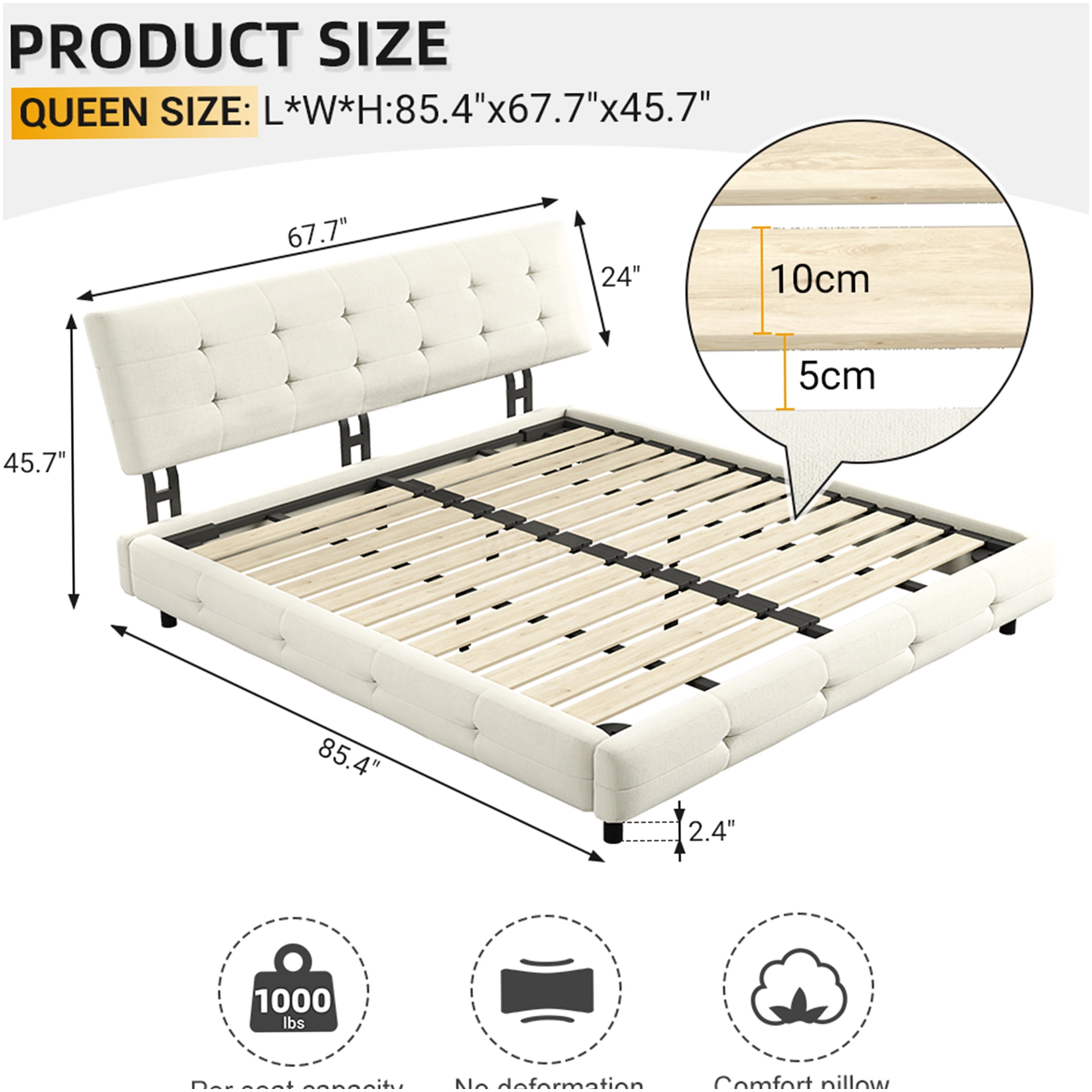 Queen Upholstered Bed Frame with Pillow Tufted Headboard, Platform Bed Base with Wood Slats, No Box Spring Needed, Chenille Fabric, Beige and White