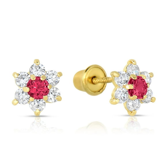 Tilo Jewelry 14K Yellow Gold Tiny Flower Stud Post Earrings with Pink CZ Birthstone | Secure Screw-backs | July-Ruby | Women & Unisex