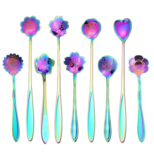8-Piece Flower Spoon Set, Stainless Steel Rainbow Teaspoon, Colorful Cutlery for Coffee, Tea, Mixing Sugar, Kitchen Tool Gift Set, 8 Spoons