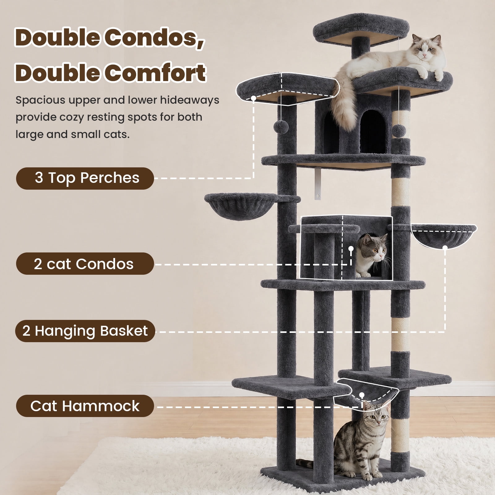 80" Cat Tree Tower, Big Cat Tower for Multiple Adult Cats, Multi-Level Tall Cat Tree with 3 Platforms, 2 Condos, 2 Hanging Basket, Hammock and Scratching Frame for Indoor Kitties, Dark Grey