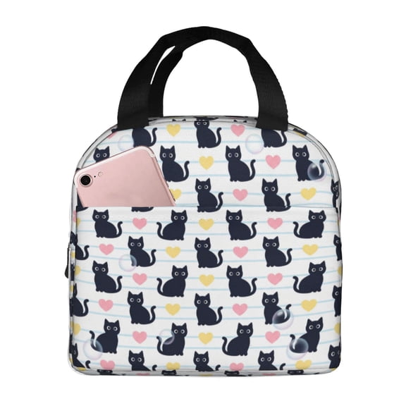 Black Cat Insulated Lunch Bag Reusable Lunch Box For Women Men Leakproof Thermal Meal Prep Tote With Front Pocket For Work Office Picnic Travel Beach