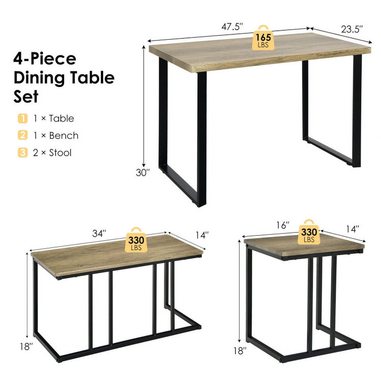 Finihen Dining Set, Dining Table Set, 4 Pieces Industrial Dinette Set with Bench and 2 Stools, for Home, Restaurant, Oak Finihen Dining Set, Dining Table Set, 4 Pieces Industrial Dinette Set with Bench and 2 Stools, for Home, Restaurant, Oak