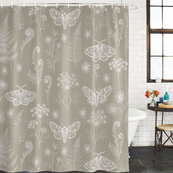 Beige Butterfly Botanical Bathroom Shower Curtains with 12 Hooks Polyester Waterproof Shower Curtain for Stalls and Bathtubs Summer Plants Line Art Decorative Bathroom Privacy Curtain 54x78 Inches