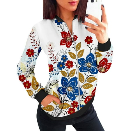 

Hwmodou Female Casual Jackets Short Sleeve Casual Daily Lightweight Zip Up Casual Floral Print Coat Stand Collar Sports Outwear Zipper Tops Jackets For Women